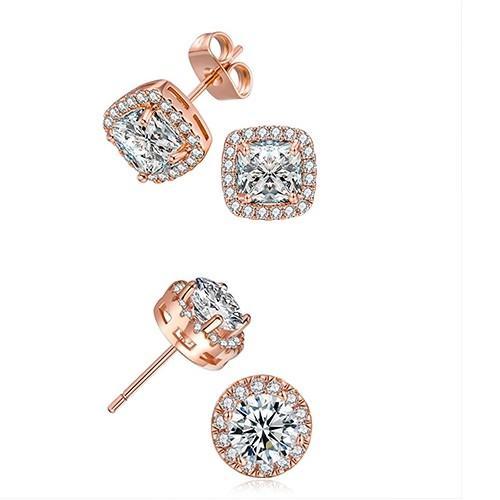 2 Pairs: Swarovski Elements Halo 18K Gold Plated Studs - 3 Finishes (Circle & Square Set)