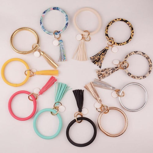 2019 New PU Leather O Key Chain Custom Circle Cute Same Color Tassel Wristlet Keychain Wholesale Women Girls 11Colors Keychain