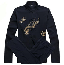 Load image into Gallery viewer, Navy Blue Embroidery Dragon Chinese Men Kung Fu Suit Cotton Wu Shu Uniform Long Sleeve Tai chi Set M L XL XXL XXXL MS010