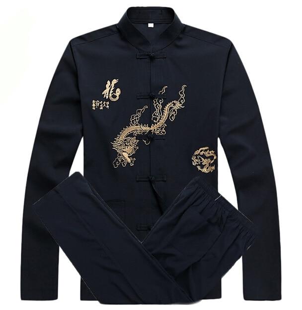 Navy Blue Embroidery Dragon Chinese Men Kung Fu Suit Cotton Wu Shu Uniform Long Sleeve Tai chi Set M L XL XXL XXXL MS010