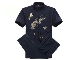 Navy Blue Embroidery Dragon Chinese Men Kung Fu Suit Cotton Wu Shu Uniform Long Sleeve Tai chi Set M L XL XXL XXXL MS010