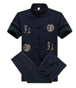 Navy Blue Embroidery Dragon Chinese Men Kung Fu Suit Cotton Wu Shu Uniform Long Sleeve Tai chi Set M L XL XXL XXXL MS010