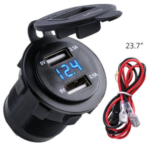 Dual USB Charger Socket Waterproof Power Outlet 2.1A 2.1A with Voltmeter & Wire in-line 10A Fuse for 12-24V Car Boat Motorcycle