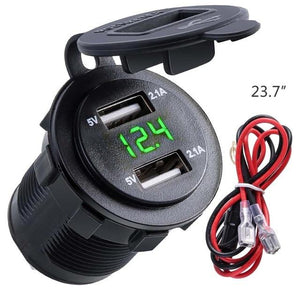 Dual USB Charger Socket Waterproof Power Outlet 2.1A 2.1A with Voltmeter & Wire in-line 10A Fuse for 12-24V Car Boat Motorcycle